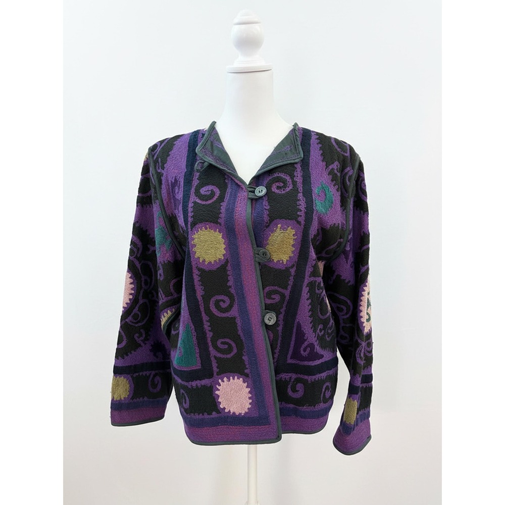 Vintage Suzani Embroidered Jacket, Purple & Black Boho Coat, Central Asian